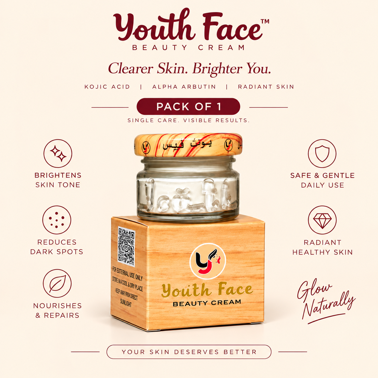 Youth Face Beauty Cream 25g – Pack of 1 | Kojic Acid & Alpha Arbutin