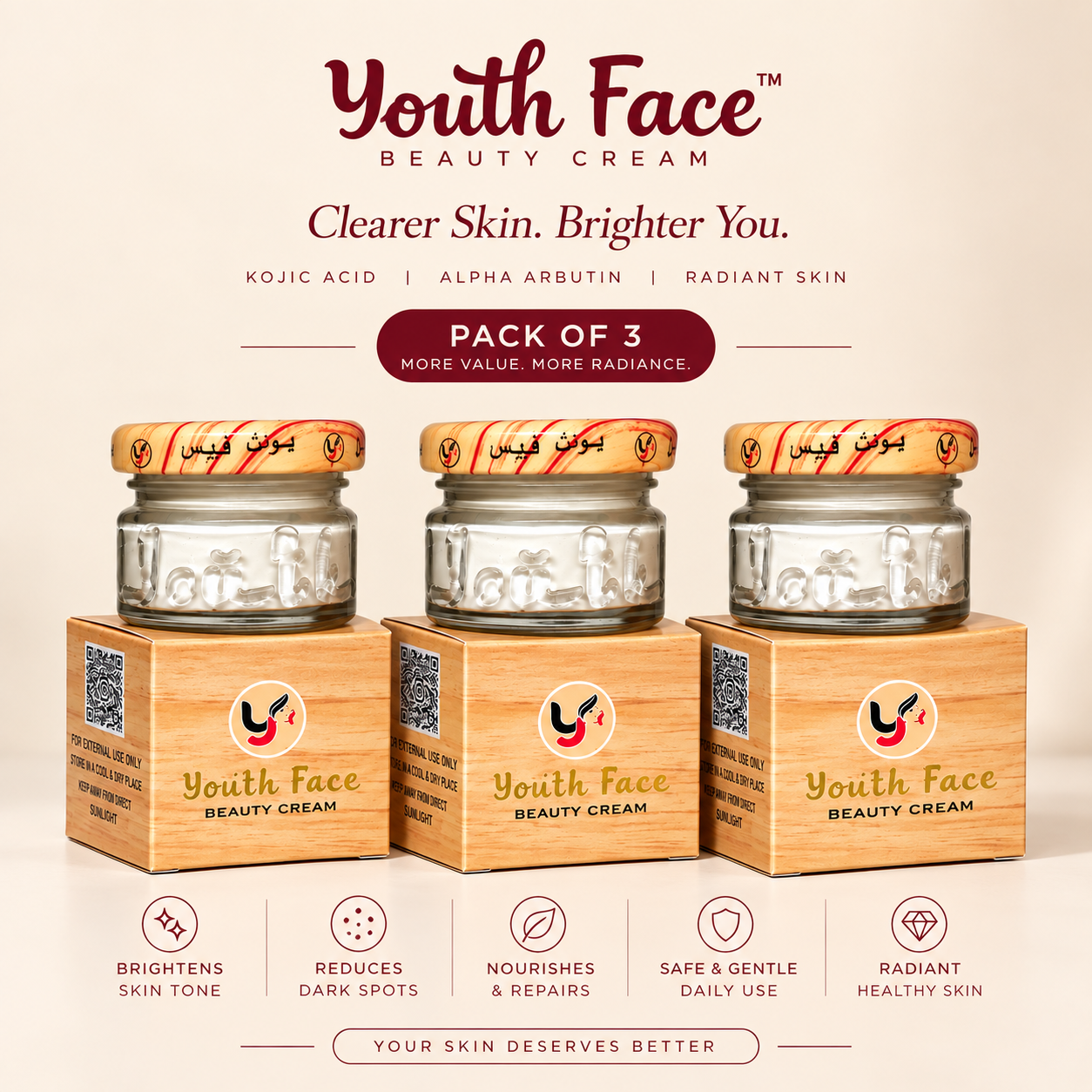 Youth Face Beauty Cream Pack of 3 – Kojic Acid & Alpha Arbutin